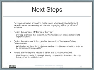 Next Steps
• Develop narrative scenarios that explain what an individual might
experience when seeking services or engaging with a provider of
services
• Refine the concept of „Terms of Service‟
• Develop examples that explain how this new concept relates to real-world
implementations
• Define the nature of „interoperable interactions‟ between Online
Communities
• What policy, protocol, technology or practice conditions must exist in order to
be considered „interoperable‟?
• Relate the conceptual model to other IDESG work products
• How does this model fit the work already completed in Standards, Security,
Privacy, Functional Model, etc?
AndrewHughes3000@gmail.com - September
2013
32
 