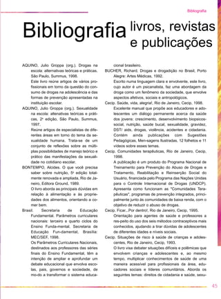 AQUINO, Julio Groppa (org.). Drogas na
escola: alternativas teóricas e práticas.
São Paulo, Summus, 1998.
Este livro reúne artigos de vários pro-
fissionais em torno da questão do con-
sumo de drogas na adolescência e das
formas de prevenção apresentadas na
instituição escolar.
AQUINO, Julio Groppa (org.). Sexualidade
na escola: altenativas teóricas e práti-
cas, 2a
edição, São Paulo, Summus,
1997.
Reúne artigos de especialistas de dife-
rentes áreas em torno do tema da se-
xualidade humana. Trata-se de um
conjunto de reflexões sobre as múlti-
plas possibilidades de manejo teórico e
prático das manifestações da sexuali-
dade no cotidiano escolar.
BONTEMPO, Alcides. O que você precisa
saber sobre nutrição, 5a
edição total-
mente renovada e ampliada, Rio de Ja-
neiro, Editora Ground, 1989.
O livro aborda as principais dúvidas em
relação à alimentação e às proprie-
dades dos alimentos, orientando a co-
mer bem.
Brasil. Secretaria de Educação
Fundamental. Parâmetros curriculares
nacionais: terceiro e quarto ciclos do
Ensino Funda-mental. Secretaria de
Educação Fun-damental, Brasília:
MEC/SEF, 1998.
Os Parâmetros Curriculares Nacionais,
destinados aos professores das séries
finais do Ensino Fundamental, têm a
intenção de ampliar e aprofundar um
debate educacional que envolva esco-
las, pais, governos e sociedade, de
mo-do a transformar o sistema educa-
cional brasileiro.
BUCHER, Richard. Drogas e drogadição no Brasil, Porto
Alegre: Artes Médicas, 1992.
Escrito numa linguagem clara e envolvente, este livro,
cujo autor é um psicanalista, faz uma abordagem da
droga como um fenômeno da sociedade, que envolve
aspectos afetivos, sociais e antropológicos.
Cecip. Saúde, vida, alegria!, Rio de Janeiro, Cecip, 1998.
Excelente manual que propõe aos educadores e ado-
lescentes um diálogo permanente acerca da saúde
dos jovens: crescimento, desenvolvimento biopsicos-
social, nutrição, saúde bucal, sexualidade, gravidez,
DST/ aids, drogas, violência, acidentes e cidadania.
Contém ainda publicações com Sugestões
Pedagógicas, Men-sagens Ilustradas, 12 folhetos e 11
vídeos sobre esses temas.
Cecip. Comunidades terapêuticas, Rio de Janeiro, Cecip,
1998.
A publicação é um produto do Programa Nacional de
Treinamento para Prevenção do Abuso de Drogas e
Tratamento, Reabilitação e Reinserção Social do
Usuário, financiada pelo Programa das Nações Unidas
para o Controle Internacional de Drogas (UNDCP).
Apresenta como funcionam as "Comunidades Tera-
pêuticas", programas de prevenção integrados, princi-
palmente junto às comunidades de baixa renda, com o
objetivo de reduzir o abuso de drogas.
Cecip. Ficar...Por dentro!, Rio de Janeiro, Cecip, 1995.
Orientação para agentes de saúde e professores a
res-peito do uso dos seis métodos contraceptivos mais
conhecidos, ajudando a tirar dúvidas de adolescentes
de diferentes idades e níveis sociais.
Cecip. Situações de risco à saúde de crianças e adoles-
centes, Rio de Janeiro, Cecip, 1993.
O livro visa debater situações difíceis e polêmicas que
envolvem crianças e adolescentes e, ao mesmo
tempo, multiplicar conhecimentos de saúde de uma
maneira acessível para profissionais da área, edu-
cadores sociais e líderes comunitários. Aborda os
seguintes temas: direitos de cidadania e saúde, sexu-
45
Bibliografia
Bibliografia livros, revistas
e publicações
 