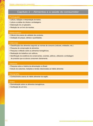 62
Saúde e segurança do consumidor
Português
• Leitura, redação e interpretação de textos.
• Leitura e análise de rótulos e embalagens.
• Elaboração de um glossário.
• Redação de um livro de receitas.
Matemática
• Cálculo dos prazos de validade dos produtos.
• Avaliação de preços, ofertas e quantidades.
Ciências
• Classificação dos alimentos segundo as normas de consumo (naturais, enlatados, etc.)
• Pesquisa de conservação de alimentos.
• Pesquisa e reflexão sobre os alimentos transgênicos.
• Realização de trabalhos com aditivos.
• Identificação da existência de conservantes, corantes, aditivos, utilizando a embalagem
de produtos que os alunos consomem diariamente.
História
• Pesquisa sobre a história da alimentação no Brasil.
• Estudo de costumes, tradições e lendas relacionadas ao hábito alimentar.
Geografia
• Conhecimento acerca do hábito alimentar da região.
Artes
• Dramatização sobre os alimentos transgênicos.
• Confecção de um livro.
Capítulo 2 – Alimentos e a saúde do consumidor
 