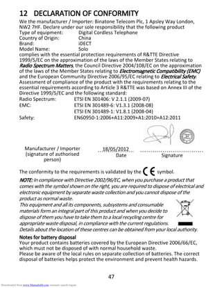 47
12121212 DECLARATION OF CONFORMITYDECLARATION OF CONFORMITYDECLARATION OF CONFORMITYDECLARATION OF CONFORMITY
We the manufacturer / Importer: Binatone Telecom Plc, 1 Apsley Way London,
NW2 7HF. Declare under our sole responsibility that the following product
Type of equipment: Digital Cordless Telephone
Country of Origin: China
Brand: iDECT
Model Name: Solo
complies with the essential protection requirements of R&TTE Directive
1999/5/EC on the approximation of the laws of the Member States relating to
Radio Spectrum MattersRadio Spectrum MattersRadio Spectrum MattersRadio Spectrum Matters, the Council Directive 2004/108/EC on the approximation
of the laws of the Member States relating to Electromagnetic CElectromagnetic CElectromagnetic CElectromagnetic Compatibility (EMC)ompatibility (EMC)ompatibility (EMC)ompatibility (EMC)
and the European Community Directive 2006/95/EC relating to Electrical SafetyElectrical SafetyElectrical SafetyElectrical Safety.
Assessment of compliance of the product with the requirements relating to the
essential requirements according to Article 3 R&TTE was based on Annex III of the
Directive 1999/5/EC and the following standard:
Radio Spectrum: ETSI EN 301406: V 2.1.1 (2009-07)
EMC: ETSI EN 301489-6: V1.3.1 (2008-08)
ETSI EN 301489-1: V1.8.1 (2008-04)
Safety: EN60950-1:2006+A11:2009+A1:2010+A12:2011
Manufacturer / Importer
(signature of authorised
person)
18/05/2012
Date Signature
The conformity to the requirements is validated by the symbol.
NOTE:NOTE:NOTE:NOTE: In compliance with Directive 2002/96/EC, when you purchase a product that
comes with the symbol shown on the right, you are required to dispose of electrical and
electronic equipment by separate waste collection and you cannot dispose of the
product as normal waste.
This equipment and all its components, subsystems and consumable
materials form an integral part of this product and when you decide to
dispose of them you have to take them to a local recycling centre for
appropriate waste disposal, in compliance with the current regulations.
Details about the location of these centres can be obtained from your local authority.
Notes for battery disposalNotes for battery disposalNotes for battery disposalNotes for battery disposal
Your product contains batteries covered by the European Directive 2006/66/EC,
which must not be disposed of with normal household waste.
Please be aware of the local rules on separate collection of batteries. The correct
disposal of batteries helps protect the environment and prevent health hazards.
Downloaded from www.Manualslib.com manuals search engine
 