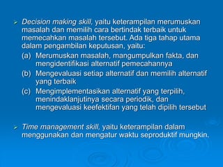  Decision making skill, yaitu keterampilan merumuskan
masalah dan memilih cara bertindak terbaik untuk
memecahkan masalah tersebut. Ada tiga tahap utama
dalam pengambilan keputusan, yaitu:
(a) Merumuskan masalah, mangumpulkan fakta, dan
mengidentifikasi alternatif pemecahannya
(b) Mengevaluasi setiap alternatif dan memilih alternatif
yang terbaik
(c) Mengimplementasikan alternatif yang terpilih,
menindaklanjutinya secara periodik, dan
mengevaluasi keefektifan yang telah dipilih tersebut
 Time management skill, yaitu keterampilan dalam
menggunakan dan mengatur waktu seproduktif mungkin.
 