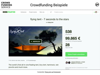 Screenshot: flying tent auf Kickstarter
Crowdfunding Beispiele
 