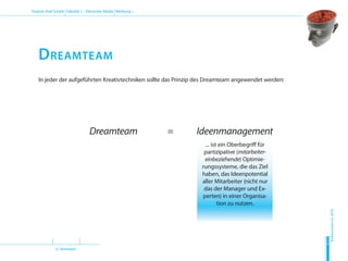(2. Semester)
Dozent: Axel Schirle Fakultät 2 – Electronic Media Werbung 1
Sommersemester2010
H
D
M
Dreamteam
In jeder der aufgeführten Kreativtechniken sollte das Prinzip des Dreamteam angewendet werden:
IdeenmanagementDreamteam =
... ist ein Oberbegriff für
partizipative (mitarbeiter-
einbeziehende) Optimie-
rungssysteme, die das Ziel
haben, das Ideenpotential
aller Mitarbeiter (nicht nur
das der Manager und Ex-
perten) in einer Organisa-
tion zu nutzen.
 