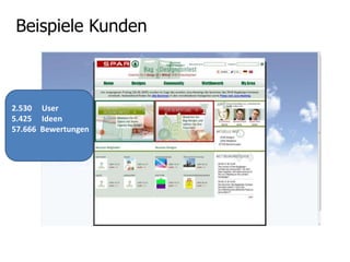 IdeenRaum - Kreativität der Vielen…Ein Online IdeenRaum ermöglicht in einzigartiger Weise Ideen und ExpertenwissenIhrer Kunden oder Mitarbeiter zu vernetzen, soziale Interaktion zu forcieren und den aktiven Wissensaufbau und -transfer in Ihrem Unternehmen zu fördern. 