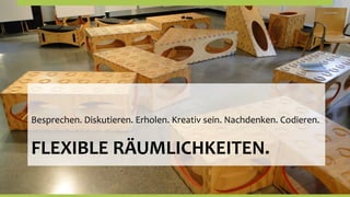 Besprechen.	
  Diskutieren.	
  Erholen.	
  Kreativ	
  sein.	
  Nachdenken.	
  Codieren.	
  


FLEXIBLE	
  RÄUMLICHKEITEN.	
  
 