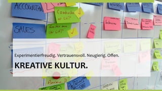 Experimentierfreudig.	
  Vertrauensvoll.	
  Neugierig.	
  Oﬀen.	
  

KREATIVE	
  KULTUR.	
  
 