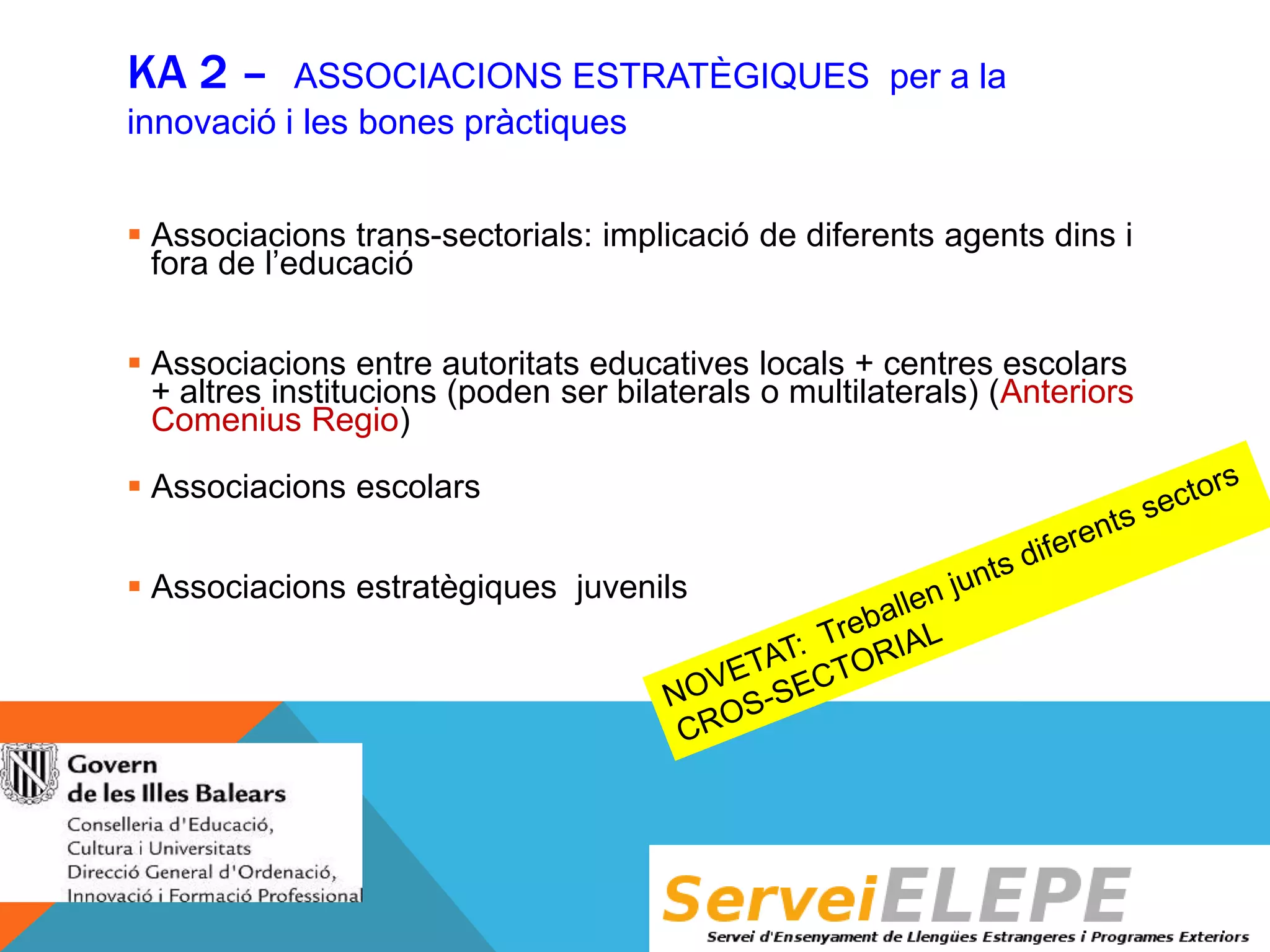 KA 2 –

ASSOCIACIONS ESTRATÈGIQUES per a la
innovació i les bones pràctiques
 Associacions trans-sectorials: implicació de diferents agents dins i
fora de l’educació
 Associacions entre autoritats educatives locals + centres escolars
+ altres institucions (poden ser bilaterals o multilaterals) (Anteriors
Comenius Regio)
 Associacions escolars
 Associacions estratègiques juvenils

 