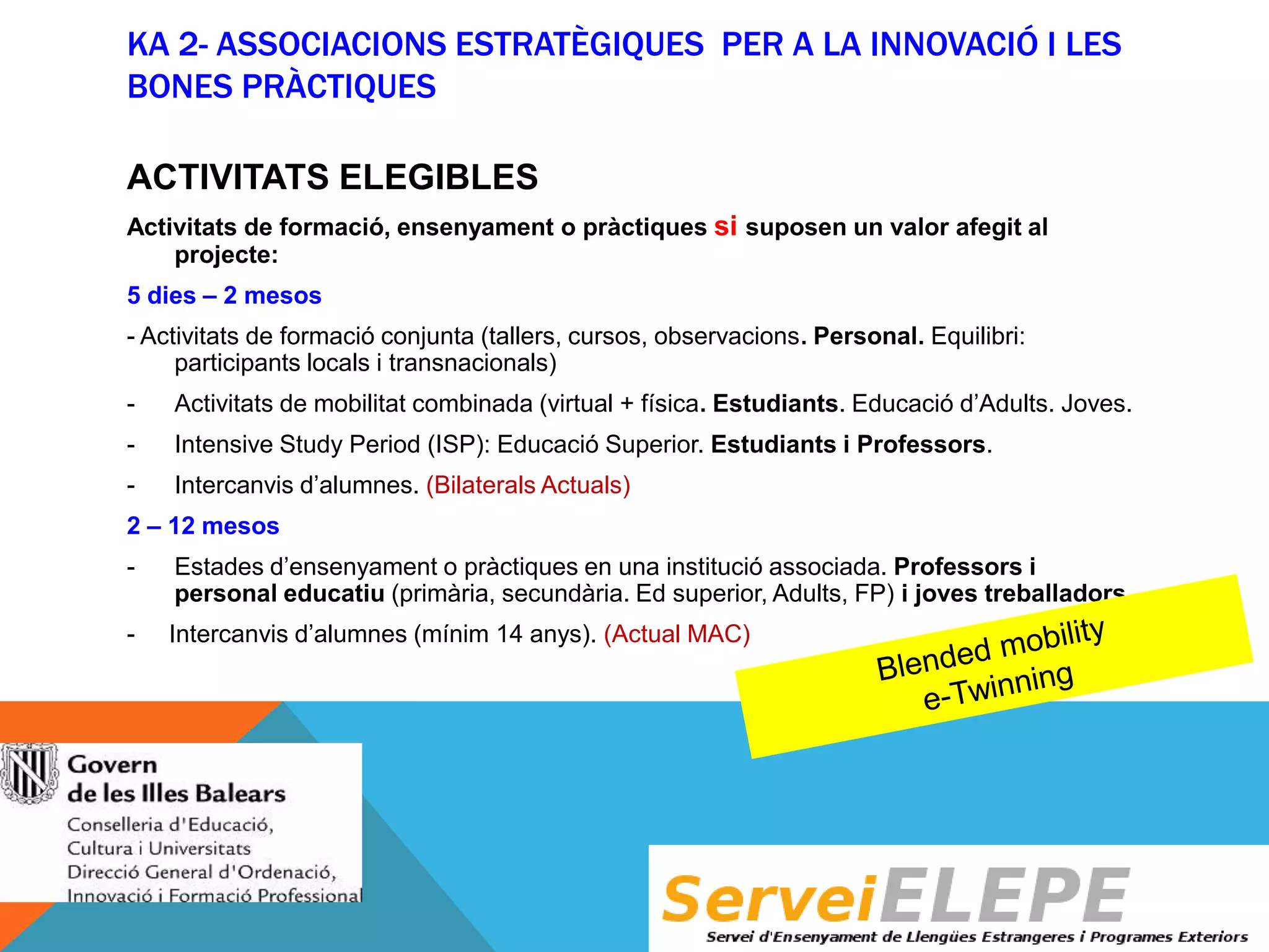 KA 2- ASSOCIACIONS ESTRATÈGIQUES PER A LA INNOVACIÓ I LES
BONES PRÀCTIQUES
ACTIVITATS ELEGIBLES
Activitats de formació, ensenyament o pràctiques si suposen un valor afegit al
projecte:
5 dies – 2 mesos
- Activitats de formació conjunta (tallers, cursos, observacions. Personal. Equilibri:
participants locals i transnacionals)
-

Activitats de mobilitat combinada (virtual + física. Estudiants. Educació d’Adults. Joves.

-

Intensive Study Period (ISP): Educació Superior. Estudiants i Professors.

-

Intercanvis d’alumnes. (Bilaterals Actuals)

2 – 12 mesos
-

Estades d’ensenyament o pràctiques en una institució associada. Professors i
personal educatiu (primària, secundària. Ed superior, Adults, FP) i joves treballadors

-

Intercanvis d’alumnes (mínim 14 anys). (Actual MAC)

 