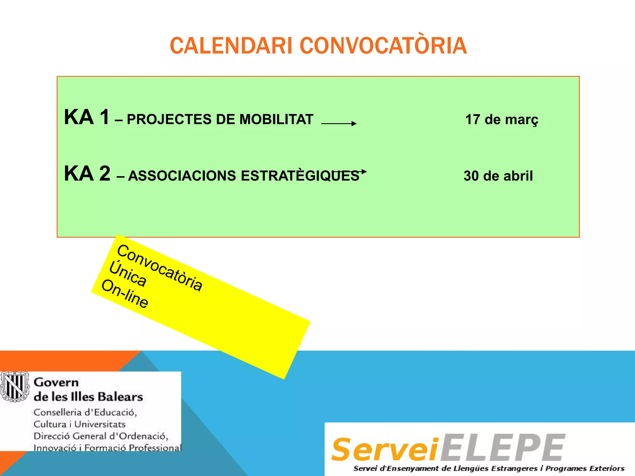 CALENDARI CONVOCATÒRIA
KA 1 – PROJECTES DE MOBILITAT

17 de març

KA 2 – ASSOCIACIONS ESTRATÈGIQUES

30 de abril

 