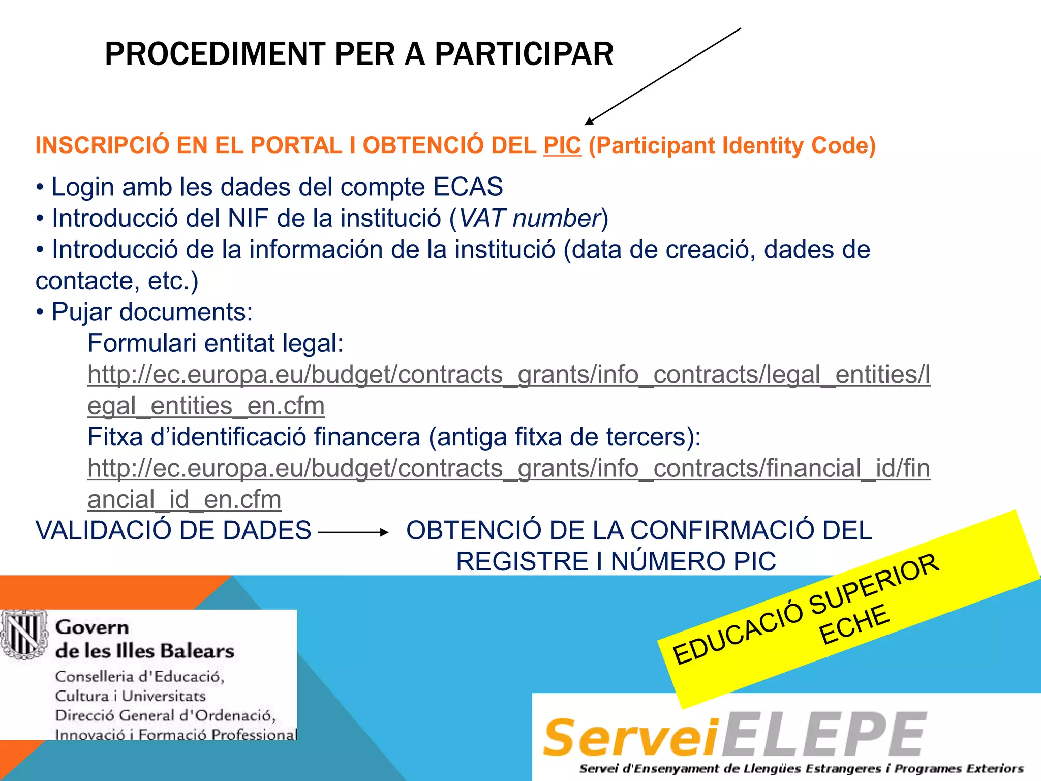 PROCEDIMENT PER A PARTICIPAR
INSCRIPCIÓ EN EL PORTAL I OBTENCIÓ DEL PIC (Participant Identity Code)

• Login amb les dades del compte ECAS
• Introducció del NIF de la institució (VAT number)
• Introducció de la información de la institució (data de creació, dades de
contacte, etc.)
• Pujar documents:
Formulari entitat legal:
http://ec.europa.eu/budget/contracts_grants/info_contracts/legal_entities/l
egal_entities_en.cfm
Fitxa d’identificació financera (antiga fitxa de tercers):
http://ec.europa.eu/budget/contracts_grants/info_contracts/financial_id/fin
ancial_id_en.cfm
VALIDACIÓ DE DADES
OBTENCIÓ DE LA CONFIRMACIÓ DEL
REGISTRE I NÚMERO PIC

 