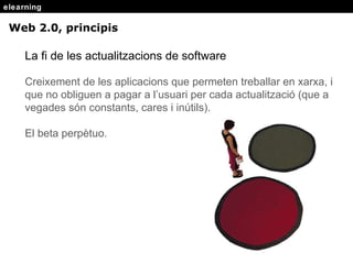 elearning Web 2.0, principis La fi de les actualitzacions de software Creixement de les aplicacions que permeten treballar en xarxa, i que no obliguen a pagar a l’usuari per cada actualitzaci ó (que a vegades són constants, cares i inútils). El beta perpètuo. 