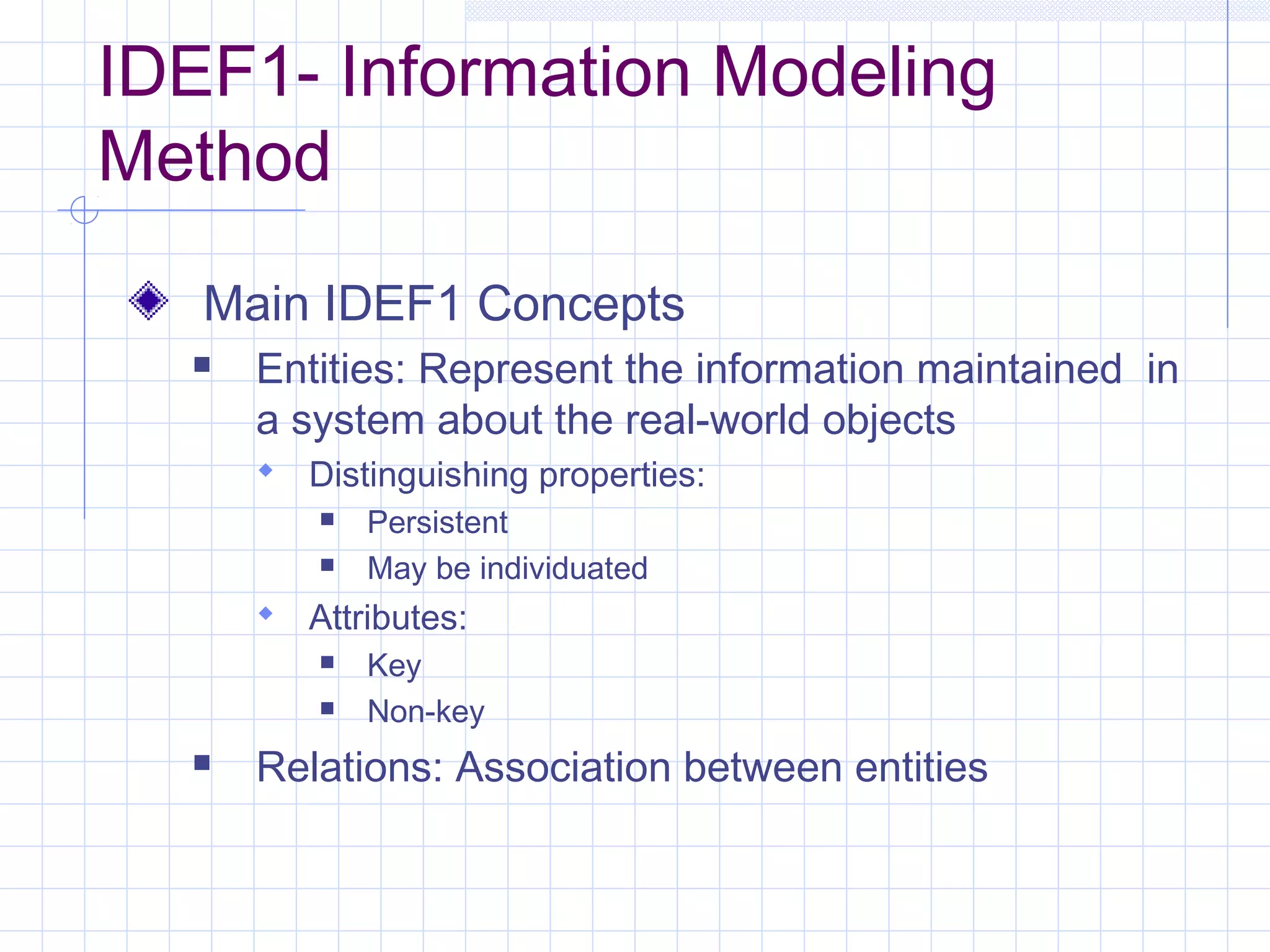 IDEF1- Information Modeling
Method
Main IDEF1 Concepts
 Entities: Represent the information maintained in
a system about the real-world objects
 Distinguishing properties:
 Persistent
 May be individuated
 Attributes:
 Key
 Non-key
 Relations: Association between entities
 