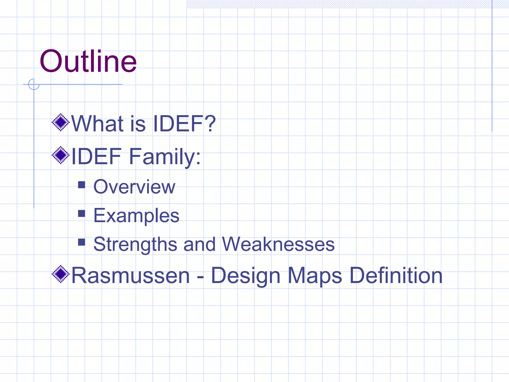 Outline
What is IDEF?
IDEF Family:
 Overview
 Examples
 Strengths and Weaknesses
Rasmussen - Design Maps Definition
 