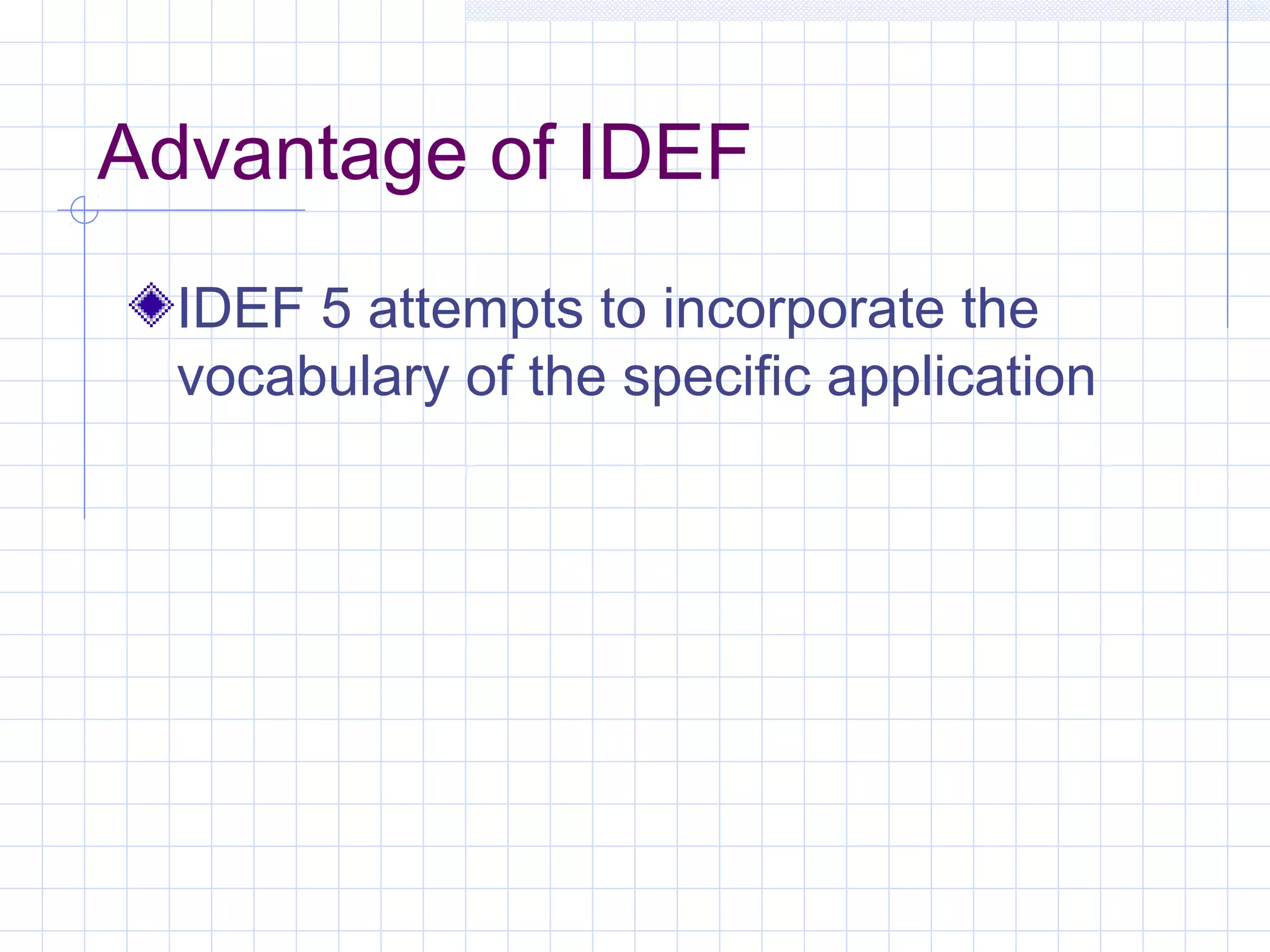 Advantage of IDEF
IDEF 5 attempts to incorporate the
vocabulary of the specific application
 