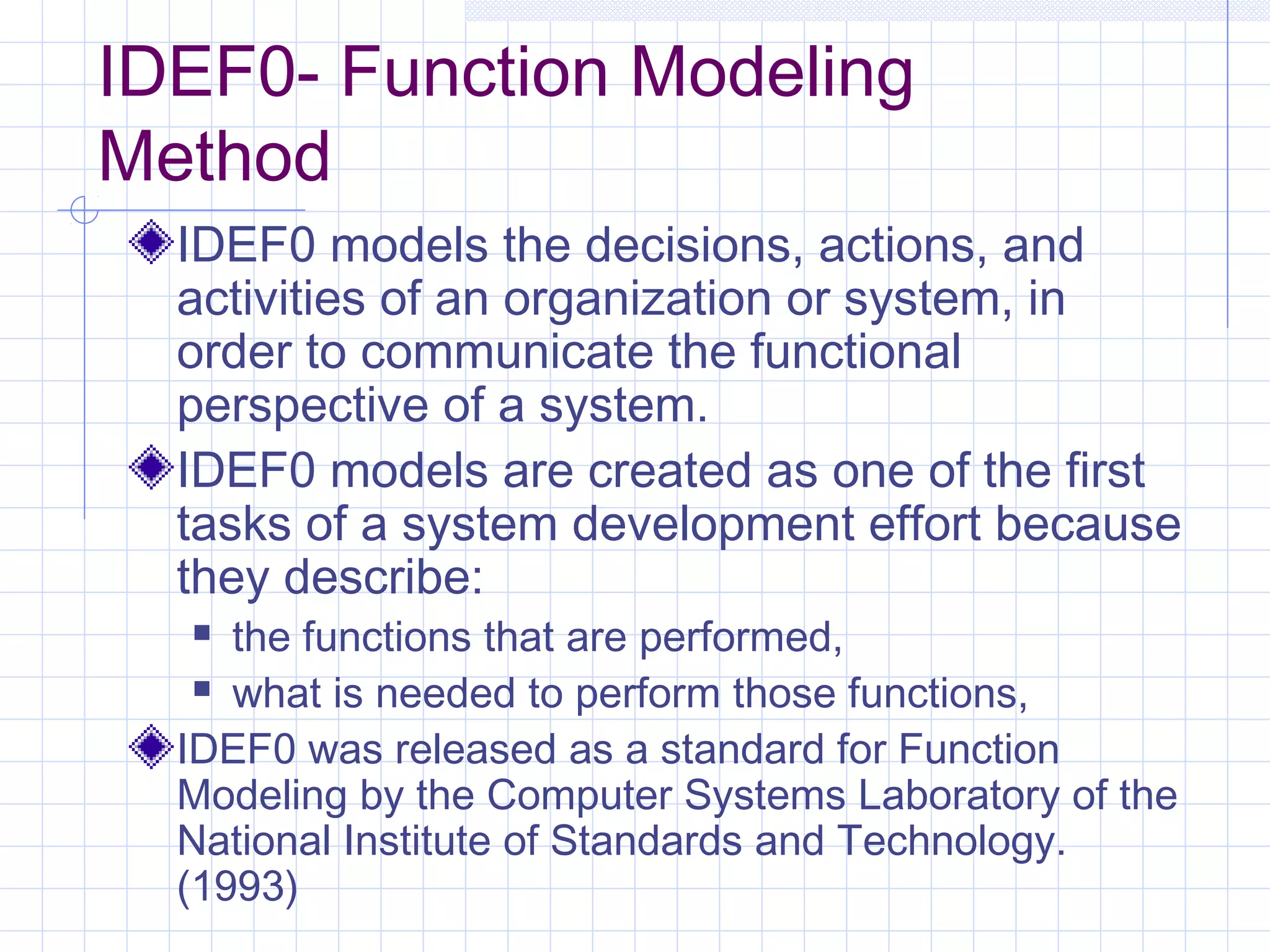IDEF0- Function Modeling
Method
IDEF0 models the decisions, actions, and
activities of an organization or system, in
order to communicate the functional
perspective of a system.
IDEF0 models are created as one of the first
tasks of a system development effort because
they describe:
 the functions that are performed,
 what is needed to perform those functions,
IDEF0 was released as a standard for Function
Modeling by the Computer Systems Laboratory of the
National Institute of Standards and Technology.
(1993)
 