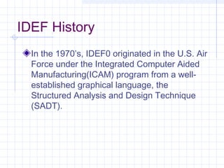 IDEF History
In the 1970’s, IDEF0 originated in the U.S. Air
Force under the Integrated Computer Aided
Manufacturing(ICAM) program from a well-
established graphical language, the
Structured Analysis and Design Technique
(SADT).
 