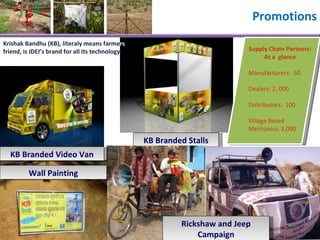 Promotions KB Branded Stalls Rickshaw and Jeep Campaign Wall Painting KB Branded Video Van Supply Chain Partners: At a  glance Manufacturers:  50 Dealers: 2, 000 Distributors:  100 Village Based Mechanics: 3,000 Krishak Bandhu (KB), literaly means farme rs  friend, is IDEI’s brand for all its technology.   