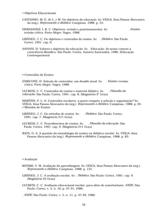 • Objetivos Educacionais

CASTANHO, M. E. de L. e M. Os objetivos da educação. In: VEIGA, lima Passos Alencastro
   da (org.). Repensando a didática. Campinas, 1988. p. 53.

HERNANDEZ, I. R. C. Objetivos: revisão e posicionamentos. In:                      . Ensino:
 revisão crítica. Porto Alegre: Sagra, 1988.

LIBÂNEO, J. C. Os objetivos e conteúdos do ensino. In:    . Didática. São Paulo:
 Cortez, 1991. cap. 6.

SAVIANI, D. Valores e objetivos da educação. In: . Educação: do senso comum à
   consciência filosófica. São Paulo: Cortez, Autores Associados, 1980. (Educação
   Contemporânea)




• Conteúdos do Ensino

ENRICONE, D. Seleção de conteúdos: um desafio atual. In:       . Ensino: revisão
 crítica. Porto Alegre: Sagra, 1988.

LUCKESI, C. C. Conteúdos do ensino e material didático. In:     . Filosofia da
educação. São Paulo: Cortez, 1991. cap. 8. (Magistério 2° Grau)

MARTINS, P. L. O. Conteúdos escolares: a quem compete a seleção e organização? In:
VEIGA, lima Passos Alencastro da (org.). Repensando a didática. Campinas, 1988, p. 65.
• Métodos de Ensino

LIBÂNEO, J. C. Os métodos de ensino. In:      . Didática. São Paulo: Cortez,
 1991. cap. 7. (Magistério 211 Grau)

LUCKESI, C. C. Procedimentos de ensino. In:     . Filosofia da educação. São
 Paulo: Cortez, 1991. cap. 9. (Magistério 211 Grau)

RAYS, O. A. A questão da metodologia do ensino na didática escolar. In: VEIGA, lima
   Passos Alencastro da (org.). Repensando a didática. Campinas, 1988. p. 83.




• Avaliação

KENSKI, V. M. Avaliação da aprendizagem. In: VEIGA, lima Passos Alencastro da (org.).
  Repensando a didática. Campinas, 1988. p. 131.

LIBÂNEO, J. C. A avaliação escolar. In: . Didática. São Paulo: Cortez, 1991. cap. 9.
   (Magistério 22 Grau)

LUCKESI, C. C. Avaliação educacional escolar: para além do autoritarismo. ANDE, Sãu
   Paulo: Cortez, v. 5, n. 10, p. 47-51, 1986.

. ANDE, São Paulo: Cortez, v. 5, n. 11, p. 47-49, 1986.


                                            76
 
