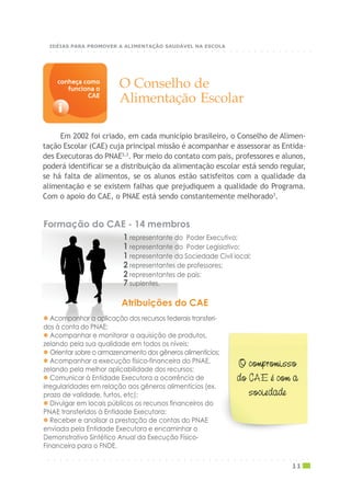 Em 2002 foi criado, em cada município brasileiro, o Conselho de Alimen-
tação Escolar (CAE) cuja principal missão é acompanhar e assessorar as Entida-
des Executoras do PNAE2,3
. Por meio do contato com pais, professores e alunos,
poderá identificar se a distribuição da alimentação escolar está sendo regular,
se há falta de alimentos, se os alunos estão satisfeitos com a qualidade da
alimentação e se existem falhas que prejudiquem a qualidade do Programa.
Com o apoio do CAE, o PNAE está sendo constantemente melhorado3
.
O Conselho de
Alimentação Escolar
i
conheça comoconheça comoconheça comoconheça comoconheça como
funciona ofunciona ofunciona ofunciona ofunciona o
CAECAECAECAECAE
Formação do CAE - 14 membros
1 representante do Poder Executivo;
1 representante do Poder Legislativo;
1 representante da Sociedade Civil local;
2 representantes de professores;
2 representantes de pais;
7 suplentes.
Atribuições do CAE
Acompanhar a aplicação dos recursos federais transferi-
dos à conta do PNAE;
Acompanhar e monitorar a aquisição de produtos,
zelando pela sua qualidade em todos os níveis;
Orientar sobre o armazenamento dos gêneros alimentícios;
Acompanhar a execução físico-financeira do PNAE,
zelando pela melhor aplicabilidade dos recursos;
Comunicar à Entidade Executora a ocorrência de
irregularidades em relação aos gêneros alimentícios (ex.
prazo de validade, furtos, etc);
Divulgar em locais públicos os recursos financeiros do
PNAE transferidos à Entidade Executora;
Receber e analisar a prestação de contas do PNAE
enviada pela Entidade Executora e encaminhar o
Demonstrativo Sintético Anual da Execução Físico-
Financeira para o FNDE.
○ ○ ○ ○ ○ ○ ○ ○ ○ ○ ○ ○ ○ ○ ○ ○ ○ ○ ○ ○ ○ ○ ○ ○ ○ ○ ○ ○ ○ ○ ○ ○ ○ ○ ○ ○ ○ ○ ○ ○ ○ ○ ○
11
○ ○ ○ ○ ○ ○ ○ ○ ○ ○ ○ ○ ○ ○ ○ ○ ○ ○ ○ ○ ○ ○ ○ ○ ○ ○ ○ ○ ○ ○ ○ ○ ○ ○ ○ ○ ○ ○ ○ ○ ○ ○ ○
IDÉIAS PARA PROMOVER A ALIMENTAÇÃO SAUDÁVEL NA ESCOLA
 