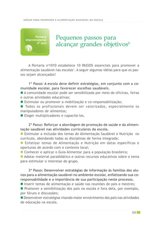 Pequenos passos para
alcançar grandes objetivos6
i
PortariaPortariaPortariaPortariaPortaria
InterministerialInterministerialInterministerialInterministerialInterministerial
nº 1010nº 1010nº 1010nº 1010nº 1010
A Portaria no
1010 estabelece 10 PASSOS essenciais para promover a
alimentação saudável nas escolas1
. A seguir algumas idéias para que os pas-
sos sejam alcançados!
1º Passo: A escola deve definir estratégias, em conjunto com a co-
munidade escolar, para favorecer escolhas saudáveis.
A comunidade escolar pode ser sensibilizada por meio de oficinas, feiras
e outras atividades educativas;
Estimular ou promover a mobilização e co-responsabilização;
Todos os profissionais devem ser valorizados, especialmente os
manipuladores de alimentos;
Eleger multiplicadores e capacitá-los.
2º Passo: Reforçar a abordagem de promoção de saúde e da alimen-
tação saudável nas atividades curriculares da escola.
Estimular a inclusão dos temas de Alimentação Saudável e Nutrição no
currículo, abordando todas as disciplinas de forma integrada;
Enfatizar temas de Alimentação e Nutrição em datas específicas e
oportunas de acordo com o contexto local;
Conhecer e aplicar o Guia Alimentar para a população brasileira;
Adotar material paradidático e outros recursos educativos sobre o tema
para estimular o interesse do grupo.
3º Passo: Desenvolver estratégias de informação às famílias dos alu-
nos para a alimentação saudável no ambiente escolar, enfatizando sua co-
responsabilidade e a importância de sua participação neste processo.
Inserir temas de alimentação e saúde nas reuniões de pais e mestres;
Promover a sensibilização dos pais na escola e fora dela, por exemplo,
por fóruns e discussões;
Desenvolver estratégias visando maior envolvimento dos pais nas atividades
de educação na escola.
○ ○ ○ ○ ○ ○ ○ ○ ○ ○ ○ ○ ○ ○ ○ ○ ○ ○ ○ ○ ○ ○ ○ ○ ○ ○ ○ ○ ○ ○ ○ ○ ○ ○ ○ ○ ○ ○ ○ ○ ○ ○ ○
30
○ ○ ○ ○ ○ ○ ○ ○ ○ ○ ○ ○ ○ ○ ○ ○ ○ ○ ○ ○ ○ ○ ○ ○ ○ ○ ○ ○ ○ ○ ○ ○ ○ ○ ○ ○ ○ ○ ○ ○ ○ ○ ○
IDÉIAS PARA PROMOVER A ALIMENTAÇÃO SAUDÁVEL NA ESCOLA
 