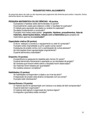 REQUISITOS PARA JULGAMENTO
As perguntas abaixo de cada um dos requisitos para julgamento são diretrizes para avaliar o requisito. Outros
elementos devem ser observados.


PESQUISA MATEMÁTICA OU DE CIÊNCIAS - 40 pontos
    O propósito e hipótese estão demonstradas no painel?
    O procedimento usado para elaborar e obter o resultado foi explicado?
    O método para aquisição dos dados ou análise foi explicado?
    Os dados fundamentam a conclusão?
    O projeto inclui todas estas partes - propósito, hipótese, procedimentos, lista de
    materiais, observações/dados, relação com a matemática (para projetos de
    matemática apenas) e a conclusão?

Capacidade criativa (20 pontos)
    O aluno esboçou e construiu o equipamento ou este foi comprado?
    O projeto exibe originalidade ou já foi usado outras vezes?
    A pesquisa do projeto contou com a participação de outras pessoas?
    As informações foram apresentadas originalmente?
    O painel demonstra criatividade?

Empenho (15 pontos)
    A experiência ou pesquisa foi repetida pelo menos (3) vezes?
    O painel demonstra fisicamente a operação ou os resultados do projeto?
    As variáveis que tiveram efeito sobre o resultado foram observadas?
    Os materiais foram listados por quantidade?
    Os modelos estavam completos?

Habilidades (15 pontos)
      As habilidades correspondem à idade e ao nível da série?
      A disposição do projeto está atrativa comparado com as outras?
      O projeto está interessante?

Clareza/Esmero (10 points)
     O material escrito foi apresentado com clareza e os dados de fácil compreensão?
     O painel está bem organizado?
     O material está legível e organizado de maneira lógica?
     A ortografia e gramática estão corretas?




                                                                                                      10
 