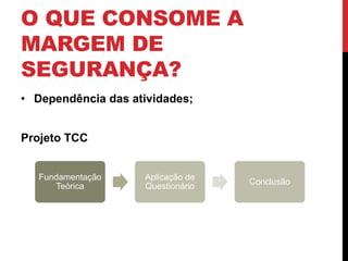 O QUE CONSOME A 
MARGEM DE 
SEGURANÇA? 
• Dependência das atividades; 
Projeto TCC 
Fundamentação 
Teórica 
Aplicação de 
Questionário 
Conclusão 
 