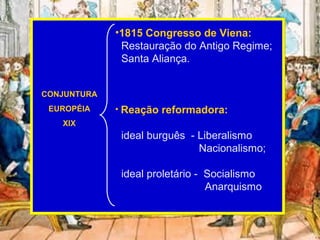 •1815 Congresso de Viena:
              Restauração do Antigo Regime;
              Santa Aliança.


CONJUNTURA
 EUROPÉIA    • Reação reformadora:
   XIX
              ideal burguês - Liberalismo
                              Nacionalismo;

              ideal proletário - Socialismo
                                 Anarquismo
 
