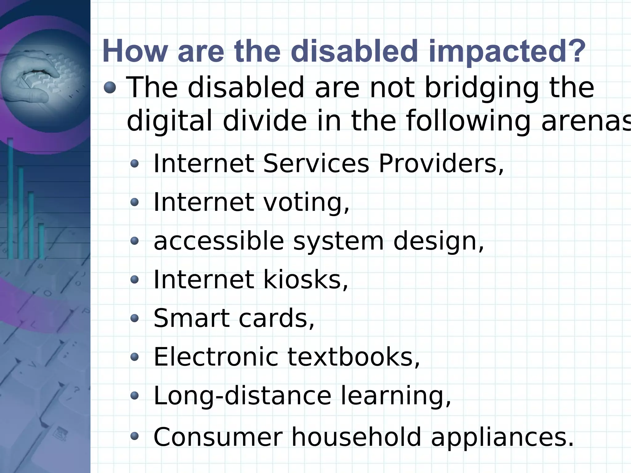 How are the disabled impacted? The disabled are not bridging the digital divide in the following arenas: Internet Services Providers, Internet voting,  accessible system design,  Internet kiosks, Smart cards, Electronic textbooks, Long-distance learning, Consumer household appliances.     