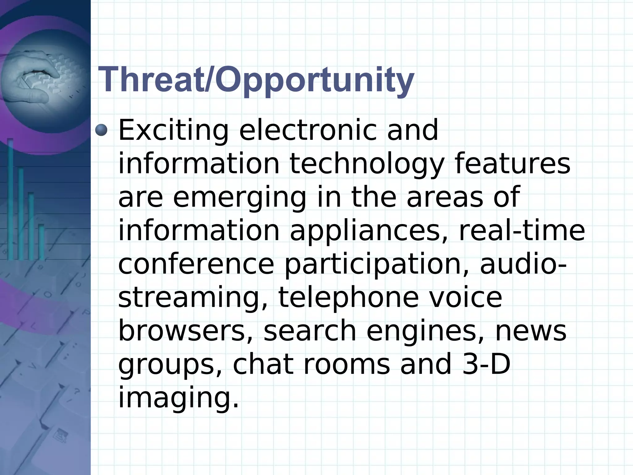 Threat/Opportunity Exciting electronic and information technology features are emerging in the areas of information appliances, real-time conference participation, audio-streaming, telephone voice browsers, search engines, news groups, chat rooms and 3-D imaging. 