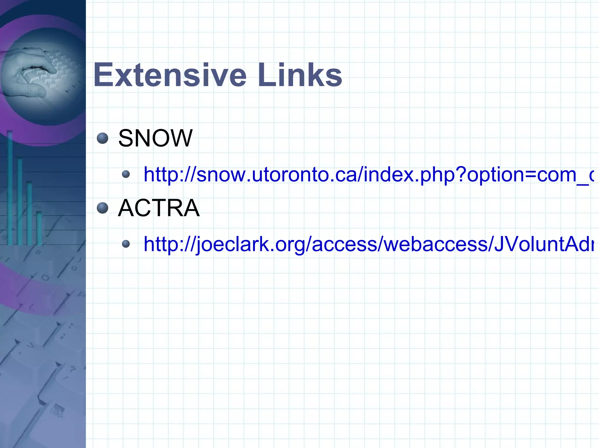 Extensive Links SNOW http://snow.utoronto.ca/index.php?option=com_content&task=view&id=159&Itemid=127 ACTRA http://joeclark.org/access/webaccess/JVoluntAdmin.html 