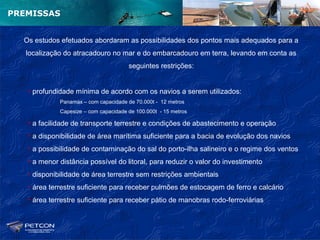 PREMISSAS


  Os estudos efetuados abordaram as possibilidades dos pontos mais adequados para a
   localização do atracadouro no mar e do embarcadouro em terra, levando em conta as
                                       seguintes restrições:


   • profundidade mínima de acordo com os navios a serem utilizados:
             Panamax – com capacidade de 70.000t - 12 metros
             Capesize – com capacidade de 100.000t - 15 metros

   • a facilidade de transporte terrestre e condições de abastecimento e operação
   • a disponibilidade de área marítima suficiente para a bacia de evolução dos navios
   • a possibilidade de contaminação do sal do porto-ilha salineiro e o regime dos ventos
   • a menor distância possível do litoral, para reduzir o valor do investimento
   • disponibilidade de área terrestre sem restrições ambientais
   • área terrestre suficiente para receber pulmões de estocagem de ferro e calcário
   • área terrestre suficiente para receber pátio de manobras rodo-ferroviárias
 