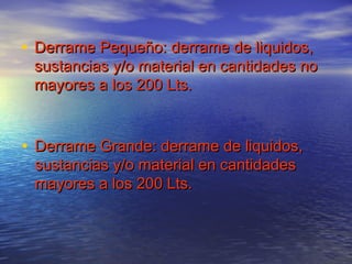 • Derrame Pequeño: derrame de liquidos,Derrame Pequeño: derrame de liquidos,
sustancias y/o material en cantidades nosustancias y/o material en cantidades no
mayores a los 200 Lts.mayores a los 200 Lts.
• Derrame Grande: derrame de liquidos,Derrame Grande: derrame de liquidos,
sustancias y/o material en cantidadessustancias y/o material en cantidades
mayores a los 200 Lts.mayores a los 200 Lts.
 