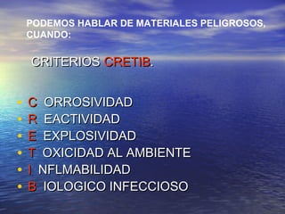CRITERIOSCRITERIOS CRETIBCRETIB..
• CC ORROSIVIDADORROSIVIDAD
• RR EACTIVIDADEACTIVIDAD
• EE EXPLOSIVIDADEXPLOSIVIDAD
• TT OXICIDAD AL AMBIENTEOXICIDAD AL AMBIENTE
• II NFLMABILIDADNFLMABILIDAD
• BB IOLOGICO INFECCIOSOIOLOGICO INFECCIOSO
PODEMOS HABLAR DE MATERIALES PELIGROSOS,
CUANDO:
 