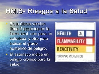 HMIS- Riesgos a la SaludHMIS- Riesgos a la Salud
• En la última versiónEn la última versión
tiene 2 espacios en latiene 2 espacios en la
barra azul, uno para unbarra azul, uno para un
asterisco y otro paraasterisco y otro para
indicar el gradoindicar el grado
numérico de peligro.numérico de peligro.
• El asterisco indica unEl asterisco indica un
peligro crónico para lapeligro crónico para la
salud.salud.
 