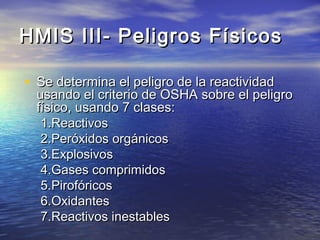 HMIS III- Peligros FísicosHMIS III- Peligros Físicos
• Se determina el peligro de la reactividadSe determina el peligro de la reactividad
usando el criterio de OSHA sobre el peligrousando el criterio de OSHA sobre el peligro
físico, usando 7 clases:físico, usando 7 clases:
1.1.ReactivosReactivos
2.2.Peróxidos orgánicosPeróxidos orgánicos
3.3.ExplosivosExplosivos
4.4.Gases comprimidosGases comprimidos
5.5.PirofóricosPirofóricos
6.6.OxidantesOxidantes
7.7.Reactivos inestablesReactivos inestables
 