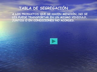 A LOS PRODUCTOS QUE SE HACEN MENCIÓN, NO SE
LES PUEDE TRANSPORTAR EN UN MISMO VEHICULO,
JUNTOS O EN CONDICIONES NO ACORDES.
TABLA DE SEGREGACIÓN
 