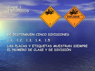 SE DISTINGUEN CINCO DIVISIONESSE DISTINGUEN CINCO DIVISIONES
1.1, 1.2, 1.3, 1.4, 1.51.1, 1.2, 1.3, 1.4, 1.5
LAS PLACAS Y ETIQUETAS MUESTRAN SIEMPRELAS PLACAS Y ETIQUETAS MUESTRAN SIEMPRE
EL NÚMERO DE CLASE Y DE DIVISIÓNEL NÚMERO DE CLASE Y DE DIVISIÓN
CLASE 1CLASE 1
EXPLOSIVOSEXPLOSIVOS
 