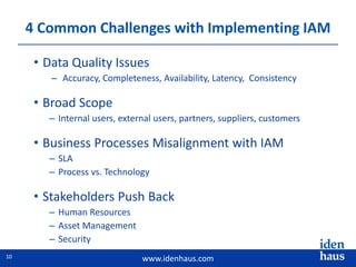 www.idenhaus.com
• Data Quality Issues
– Accuracy, Completeness, Availability, Latency, Consistency
• Broad Scope
– Internal users, external users, partners, suppliers, customers
• Business Processes Misalignment with IAM
– SLA
– Process vs. Technology
• Stakeholders Push Back
– Human Resources
– Asset Management
– Security
4 Common Challenges with Implementing IAM
10
 