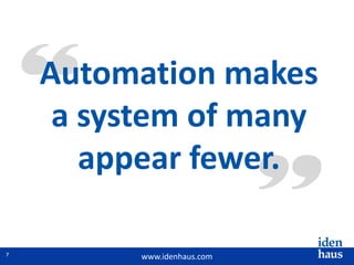 www.idenhaus.com
Automation makes
a system of many
appear fewer.
7
 