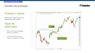 CORRETAGEM:ANÁLISE TÉCNICA
Paradas de proteção
Protege o capital
Determina o valor do risco de
capital antes da entrada
Tipos de
colocação Saia
Linha de Resistência
• Filtros, como porcentagem,
pontos ou dinheiro
• Linha de tendência, nível de
suporte ou resistência com filtro Parada Protetora
13
 
