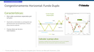 CORRETAGEM:ANÁLISE TÉCNICA
Congestionamento Horizontal: Fundo Duplo
Características: Fundo Duplo
(separação)
• Dois vales sucessivos separados por
um pico
Saia
Saia
• Depressões arredondadas ou pontiagudas que
geralmente têm aproximadamente o mesmo
preço (nível de suporte)
Linha de resistência
Entrada
Retorno
• O preço deve sair do pico
intermediário Fundo Duplo
Linha de suporte
Preço
Calcular o preço alvo:
Calculando a distância entre os pontos baixos e o pico e, em seguida,
adicionando esse valor do preço de ruptura ao lado positivo.
19
* Fonte:Análise Técnica: o Recurso Completo para Técnicos do Mercado Financeiro, 2eEd.
 