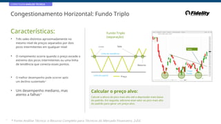 CORRETAGEM:ANÁLISE TÉCNICA
Congestionamento Horizontal: Fundo Triplo
Características: Fundo Triplo
(separação)
• Três vales distintos aproximadamente no
mesmo nível de preços separados por dois
picos intermitentes em qualquer nível Entrada Saia
Saia
Linha de resistência
• O rompimento ocorre quando o preço excede o
extremo dos picos intermitentes ou uma linha
de tendência que conecta esses pontos. Retorno
Triplo
Fundo
Linha de suporte
• O melhor desempenho pode ocorrer após
um declínio sustentado*
Preço
• Um desempenho mediano, mas
atento a falhas*
Calcular o preço alvo:
Calcule a altura do pico mais alto até a depressão mais baixa
do padrão. Em seguida, adicione esse valor ao pico mais alto
do padrão para gerar um preço-alvo.
21
* Fonte:Análise Técnica: o Recurso Completo para Técnicos do Mercado Financeiro, 2eEd.
 