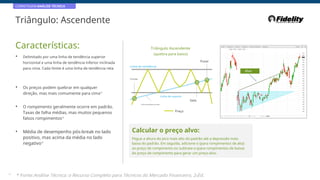 CORRETAGEM:ANÁLISE TÉCNICA
Triângulo: Ascendente
Características: Triângulo Ascendente
(quebra para baixo)
• Delimitado por uma linha de tendência superior
horizontal e uma linha de tendência inferior inclinada
para cima. Cada limite é uma linha de tendência reta
Puxar
Linha de resistência
Alvo
Linha
Entrada
• Os preços podem quebrar em qualquer
direção, mas mais comumente para cima*
Linha de suporte
Saia
• O rompimento geralmente ocorre em padrão.
Taxas de falha médias, mas muitos pequenos
falsos rompimentos*
Linha de tendência de alta
Preço
• Média de desempenho pós-break no lado
positivo, mas acima da média no lado
negativo*
Calcular o preço alvo:
Pegue a altura do pico mais alto do padrão até a depressão mais
baixa do padrão. Em seguida, adicione-o (para rompimentos de alta)
ao preço de rompimento ou subtraia-o (para rompimentos de baixa)
do preço de rompimento para gerar um preço-alvo.
24
* Fonte:Análise Técnica: o Recurso Completo para Técnicos do Mercado Financeiro, 2eEd.
 