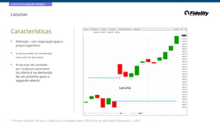 CORRETAGEM:ANÁLISE TÉCNICA
Lacunas
Características
• Definição – sem negociação (gap) a
preços específicos
• As lacunas podem ser consideradas
“para cima” ou “para baixo”
• As lacunas são causadas
por mudanças apreciáveis
na oferta e na demanda
de um próximo para o
seguinte aberto
Lacuna
40
* Fonte:Análise Técnica: o Recurso Completo para Técnicos do Mercado Financeiro, 2eEd.
 