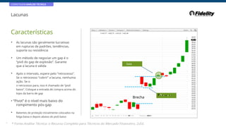 CORRETAGEM:ANÁLISE TÉCNICA
Lacunas
Características
• As lacunas são geralmente lucrativas
em rupturas de padrões, tendências,
suporte ou resistência
• Um método de negociar um gap é o
“pivô do gap de explosão”. Garante
que a lacuna é válida
Saia
• Após o intervalo, espere pelo “retrocesso”.
Se o retrocesso “cobrir” a lacuna, nenhuma
ação. Se o
o retrocesso para, isso é chamado de “pivô
baixo”. Coloque a entrada de compra acima do
topo da barra de gap
Brecha
PP
44óótteueuóóc
• “Pivot” é o nível mais baixo do
rompimento pós-gap
• Batentes de proteção inicialmente colocados na
folga baixa e depois abaixo do pivô baixo
41
* Fonte:Análise Técnica: o Recurso Completo para Técnicos do Mercado Financeiro, 2eEd.
 