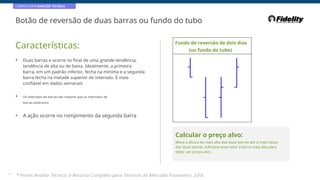 CORRETAGEM:ANÁLISE TÉCNICA
Botão de reversão de duas barras ou fundo do tubo
Características: Fundo de reversão de dois dias
(ou fundo do tubo)
• Duas barras e ocorre no final de uma grande tendência,
tendência de alta ou de baixa. Idealmente, a primeira
barra, em um padrão inferior, fecha na mínima e a segunda
barra fecha na metade superior do intervalo. É mais
confiável em dados semanais
• Os intervalos de barras são maiores que os intervalos de
barras anteriores
• A ação ocorre no rompimento da segunda barra
Calcular o preço alvo:
Meça a altura da mais alta das duas barras até a mais baixa
das duas barras. Adicione esse valor à barra mais alta para
obter um preço-alvo.
42
* Fonte:Análise Técnica: o Recurso Completo para Técnicos do Mercado Financeiro, 2eEd.
 