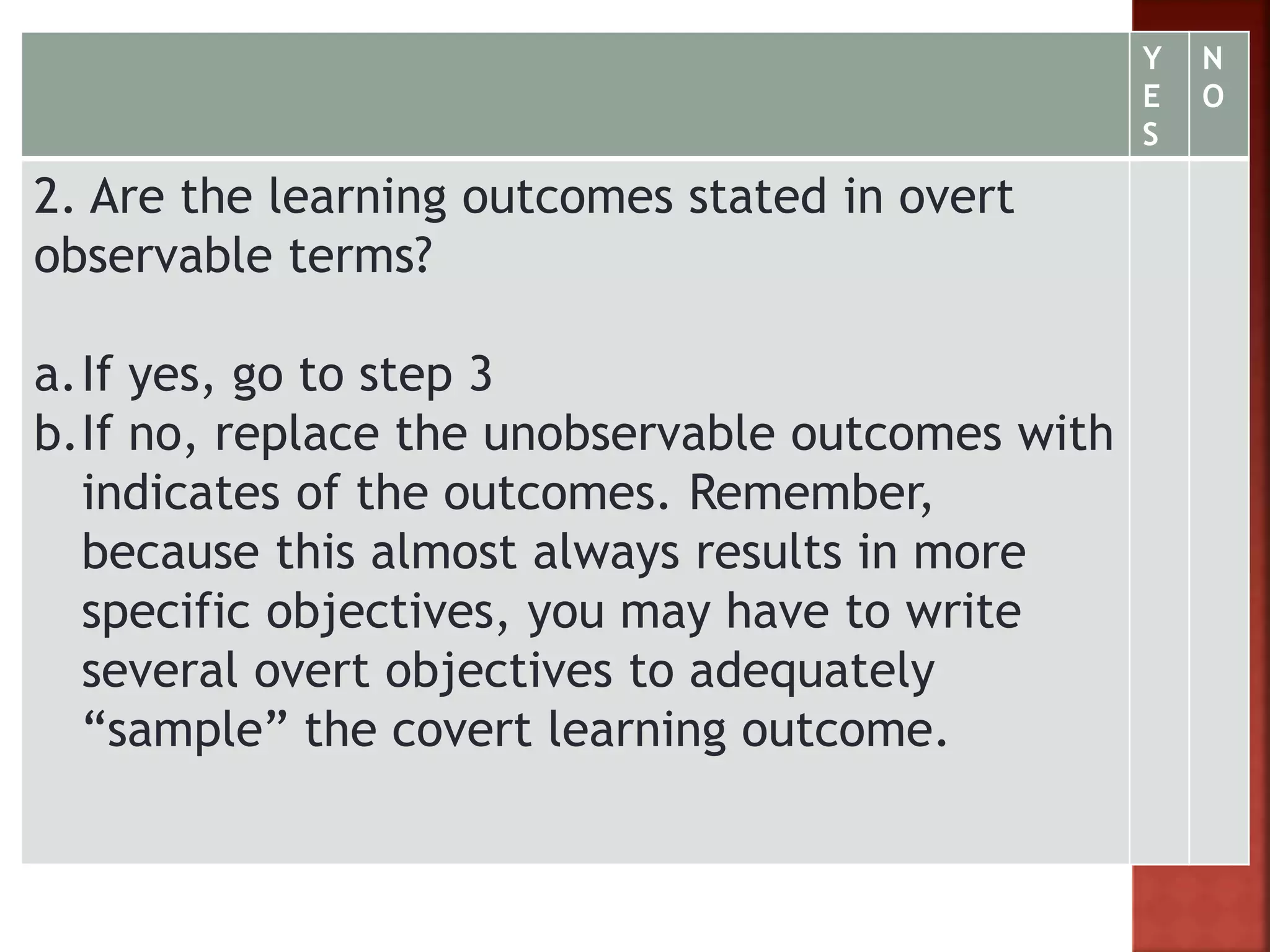 Y
E
S
N
O
2. Are the learning outcomes stated in overt
observable terms?
a.If yes, go to step 3
b.If no, replace the unobservable outcomes with
indicates of the outcomes. Remember,
because this almost always results in more
specific objectives, you may have to write
several overt objectives to adequately
“sample” the covert learning outcome.
 