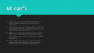 Bibliografía.
 http://seguridadindustrialapuntes.blogspot.com
.co/2009/03/riesgos-del-ambiente-fisico-
calor.html
 https://aulas.ecci.edu.co/pluginfile.php/194/mo
d_resource/content/2/higieneyseguridad%20co
rte%203/descargable.pdf
 http://www.mailxmail.com/curso-prevencion-
riesgos-laborales-factores-riesgo/factores-
riesgo-iluminacion-mala-inadecuada-medidas-
prevencion
 http://www.mailxmail.com/curso-prevencion-
riesgos-laborales-factores-riesgo/factores-
riesgo-vibraciones-medidas-prevencion
 