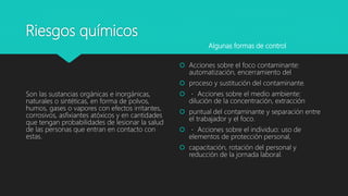 Riesgos químicos
Son las sustancias orgánicas e inorgánicas,
naturales o sintéticas, en forma de polvos,
humos, gases o vapores con efectos irritantes,
corrosivos, asfixiantes atóxicos y en cantidades
que tengan probabilidades de lesionar la salud
de las personas que entran en contacto con
estas.
 Acciones sobre el foco contaminante:
automatización, encerramiento del
 proceso y sustitución del contaminante.
 Acciones sobre el medio ambiente:
dilución de la concentración, extracción
 puntual del contaminante y separación entre
el trabajador y el foco.
 Acciones sobre el individuo: uso de
elementos de protección personal,
 capacitación, rotación del personal y
reducción de la jornada laboral.
Algunas formas de control
 