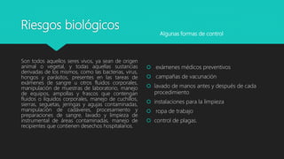 Riesgos biológicos
Son todos aquellos seres vivos, ya sean de origen
animal o vegetal, y todas aquellas sustancias
derivadas de los mismos, como las bacterias, virus,
hongos y parásitos, presentes en las tareas de
exámenes de sangre u otros fluidos corporales,
manipulación de muestras de laboratorio, manejo
de equipos, ampollas y frascos que contengan
fluidos o líquidos corporales, manejo de cuchillos,
sierras, seguetas, jeringas y agujas contaminadas,
manipulación de cadáveres, procesamiento y
preparaciones de sangre, lavado y limpieza de
instrumental de áreas contaminadas, manejo de
recipientes que contienen desechos hospitalarios.
 exámenes médicos preventivos
 campañas de vacunación
 lavado de manos antes y después de cada
procedimiento
 instalaciones para la limpieza
 ropa de trabajo
 control de plagas.
Algunas formas de control
 